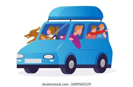 Family people travel in car vector illustration. Cartoon happy travelers, father mother children characters and dog pet ride in automobile vehicle, enjoy auto summer travel on road background