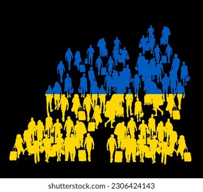 Family people Ukraine flag crowd in war migration crises refugees on border vector silhouette illustration. Passengers with luggage walking at airport. Travelers with bags go. Man woman carry baggage.