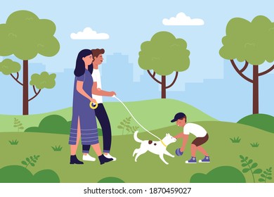 Family people walk with pet dog in summer city park scenery vector illustration. Cartoon owners mother father and son characters walking with own pet animal, boy kid playing with doggy background