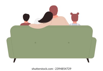 Family people watch tv, cartoon flat mother, father, daughter and son teenagers watching tv together isolated vector illustration