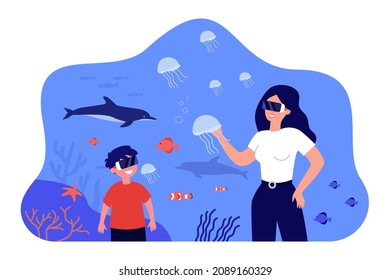 Family people watching ocean underwater life in virtual reality. Woman and boy in VR glasses flat vector illustration. Digital aquarium, AR concept for banner, website design or landing web page