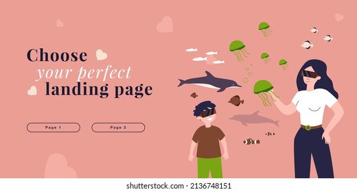 Family people watching ocean underwater life in virtual reality. Woman and boy in VR glasses flat vector illustration. Digital aquarium, AR concept for banner, website design or landing web page