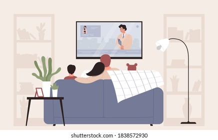 Family people watching tv vector illustration. Cartoon flat mother, father and kids characters sit on sofa in home living room interior, watch television news program, happy family time background