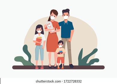 Family people wearing face mask. Coronavirus 2019-nCove prevention. New normal lifestyle concept.