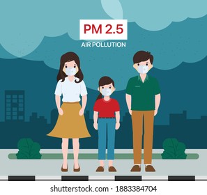 Family people wearing protective face mask when outdoor. Air pollution concepts vector illustration.