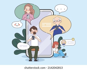 Family peoples in group chat talking with smartphone hand drawn character.