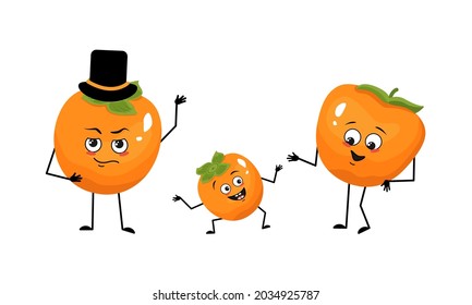 Family of persimmon characters with joyful emotions, smile face, happy eyes, arms and legs. Mom is happy, dad is wearing a hat and the child is dancing. Funny orange autumn vegetable or fruit