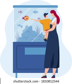 Family pet in cartoon aquarium, vector illustration. Sea animal in water, aquatic goldfish and tropical ocean fish underwater background. Mother, kid character look through glass, boy choose pet.