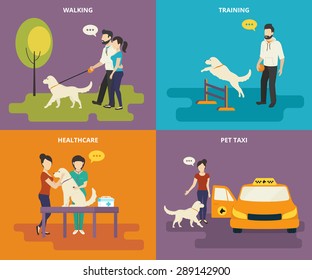 Family With Pet Concept Flat Icons Set Of Walking In The Park With A Dog, Passing Veterinary Medical Exam, Pet Training And Ordering Taxi. Vector Illustration Of Family Animals And Dog Care