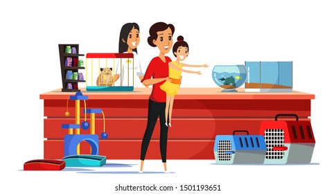 Family in pet shop flat vector illustration. Happy mother, daughter and saleswoman cartoon characters. Cheerful woman with little child. Animal food and toys store