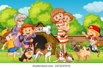 Family and pets enjoying a sunny day