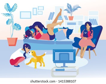 Family And Pets At Home Flat Cartoon. Mother Playing With Cat On Sofa, One Daughter Watching TV With Kitten And Another Stroking Dog. Love, Care And Recreation. Vector Lifestyle Illustration