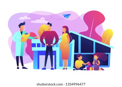 Family Phisician With Husband, Pregnant Wife And Playing Children. Family Doctor, Medical Family Practice, Primary Healthcare Care Concept. Bright Vibrant Violet Vector Isolated Illustration