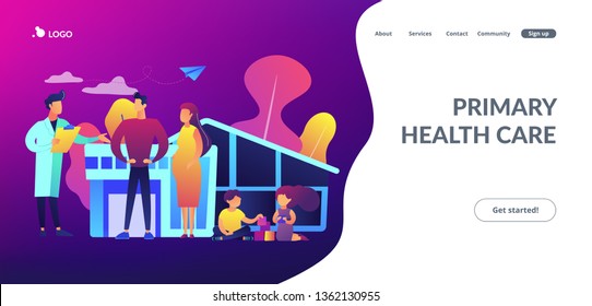 Family phisician with husband, pregnant wife and playing children. Family doctor, medical family practice, primary healthcare care concept. Website vibrant violet landing web page template.