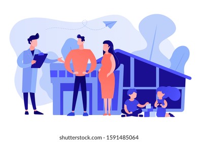 Family phisician with husband, pregnant wife and playing children. Family doctor, medical family practice, primary healthcare care concept. Pinkish coral bluevector vector isolated illustration