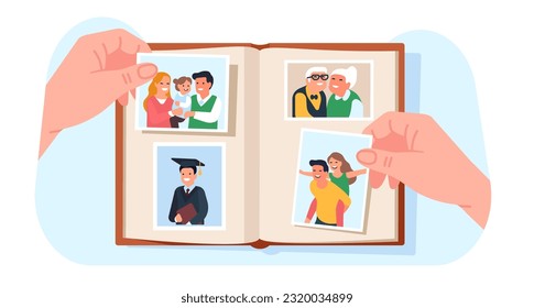 Family photo album. Hands holding memorable photographies. Students graduation snapshot. Couple and children portraits. Smiling grandparents picture. Scrapbook in arms