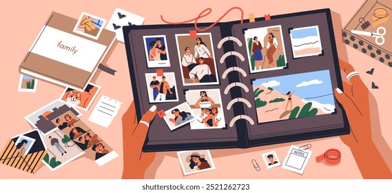 Family photo album open in hands. Holding scrapbook with memory photographs, organizing pictures, designing photography book, memo journal, creative diary with shots. Flat vector illustration