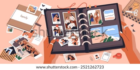 Family photo album open in hands. Holding scrapbook with memory photographs, organizing pictures, designing photography book, memo journal, creative diary with shots. Flat vector illustration