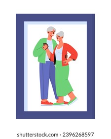 Family photo in frame concept. Blue square shape. Memories in scrapbook and photoalbum. Photography with elderly couple. Cartoon flat vector illustration isolated on white background
