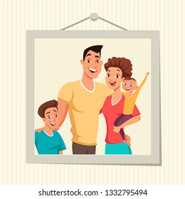 Family Photo In Frame Flat Vector Illustration. Picture Of Happy Couple With Children Together. Parents With Sons Portrait Hanging On Wall. Smiling Mother And Father. Cartoon Isolated Characters