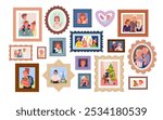 Family photo frames. Photograph cute pictures of generation history on home wall, portraits of kids and parents, grandparents and dog, fun scenes of holidays and travel cartoon vector illustration