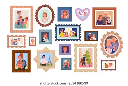 Family photo frames. Photograph cute pictures of generation history on home wall, portraits of kids and parents, grandparents and dog, fun scenes of holidays and travel cartoon vector illustration