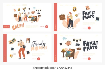 Family Photo Landing Page Template Set. Mother and Daughter Characters Visit Salon Make Photography. Senior Woman Sit with Album in Hands Watching Pictures from Past. Linear People Vector Illustration