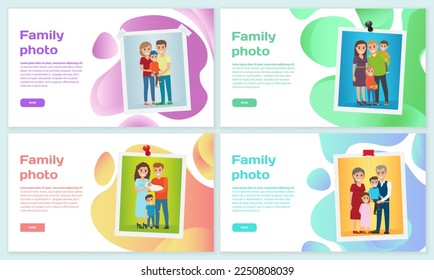 Family photo landing page template. Portrait in frame, adults and children. Photo for memory, sweet memories or interior decor. Mom dad and kids on yellow background. Family photographer website