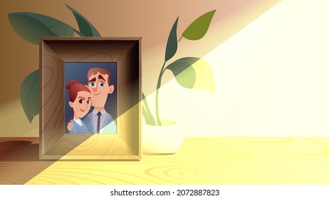 Family Photo. Memories Photo With Smiling Young Couple On Photo With Frame Standing On Table The Rays Of The Bright Sun. Family Photo. Vector Illustration Cartoon, Background Template For Text.