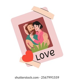 Family photo on tape. Picture of couple in love with heart sticker. Romantic Valentine's Day memorable gift. Feelings and relationships. February 14 celebration card. Vector flat illustration.