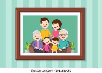 Family Photo On Wall In Wooden Frame.Collection Of Photos Of Family Members In Frames. Framed Wall Pictures Or Photographs With Smiling People.Grandmother And Grandfather In Photo Frame With Parent