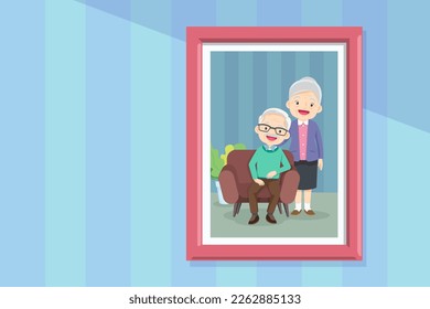 Family photo on wall in wooden frame.Collection of photos of family members in frames. framed wall pictures or photographs with smiling people.Grandmother and grandfather in photo frame with parent