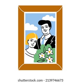 Family photo portrait in frame concept. Memorable picture with happy newlyweds at wedding. Man and woman love each other. Important moments of life. Cartoon flat vector illustration in doodle style