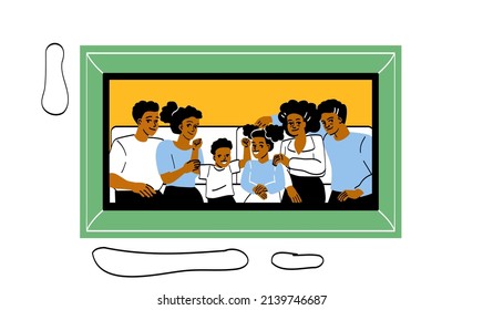 Family photo portrait in frame concept. Memorable picture with big happy family, children, parents and grandparents. Important moments of life. Cartoon flat vector illustration in doodle style