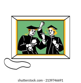 Family photo portrait in frame concept. Memorable image with happy graduates of university in black robes and with diplomas. Important moments of life. Cartoon flat vector illustration in doodle style