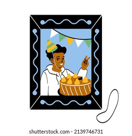 Family photo portrait in frame concept. Memorable picture of smiling man with delicious cake celebrating his birthday. Important moments of life. Cartoon flat vector illustration in doodle style