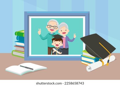 Family photo portrait in frame concept. Graduation student Memorable image with happy graduates kids of university in black robes and with diplomas
