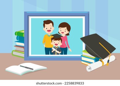 Family photo portrait in frame concept. Graduation student Memorable image with happy graduates kids of university in black robes and with diplomas