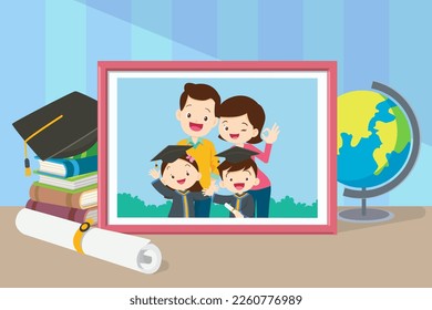 Family photo portrait in frame concept. Graduation student Memorable image with happy graduates kids of university in black robes and with diplomas