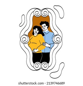 Family photo portrait in frame. Memorable picture with couple waiting for birth of baby. Pregnant woman with husband. Important moments of life.. Cartoon flat vector illustration in doodle style