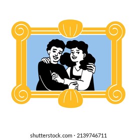 Family photo portrait in frame. Memorable picture with young children hugging each other. Smiling brother and sister. Important moments of life. Cartoon flat vector illustration in doodle style