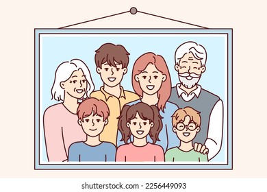 Family photo portrait in frame with teenage children and gray-haired grandparents hangs on wall. Parents and three kids smile to capture happy moments during Sunday get together. Flat vector design 