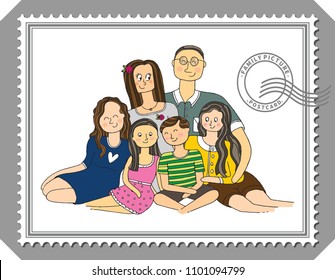 Family photo postcard. Cartoon vector illustration