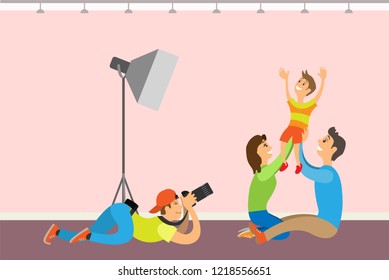 Family photo session, kid and parents. Photographer holding camera taking picture of mother father child vector studio interior with lighting equipment