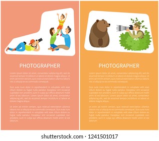 Family photo session, kid and parents. Photographer holding camera making picture of mother with father raising child. Man hiding in bushes shots bear