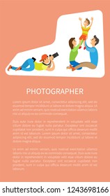 Family photo session, kid and parents vector poster with text sample. Photographer holding camera making picture of mother with father raising child vector