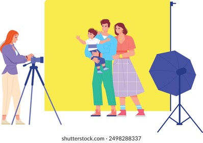 Family photo session in professional studio. Photographer shooting. Vector illustration