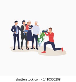 Family photo shoot cartoon illustration. Photographer taking pictures of men, women and child. Leisure concept. Vector illustration can be used for topics like studio, occupation, photography