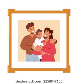 Family Photo in Square Frame Depicts Smiling and Joyous Young Parents And Child. Happy Family Moments Concept with Cheerful Mom, Dad and Baby Characters. Cartoon People Vector Illustration