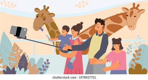 Family is photographed on a selfie stick with giraffes in the zoo flat vector illustration